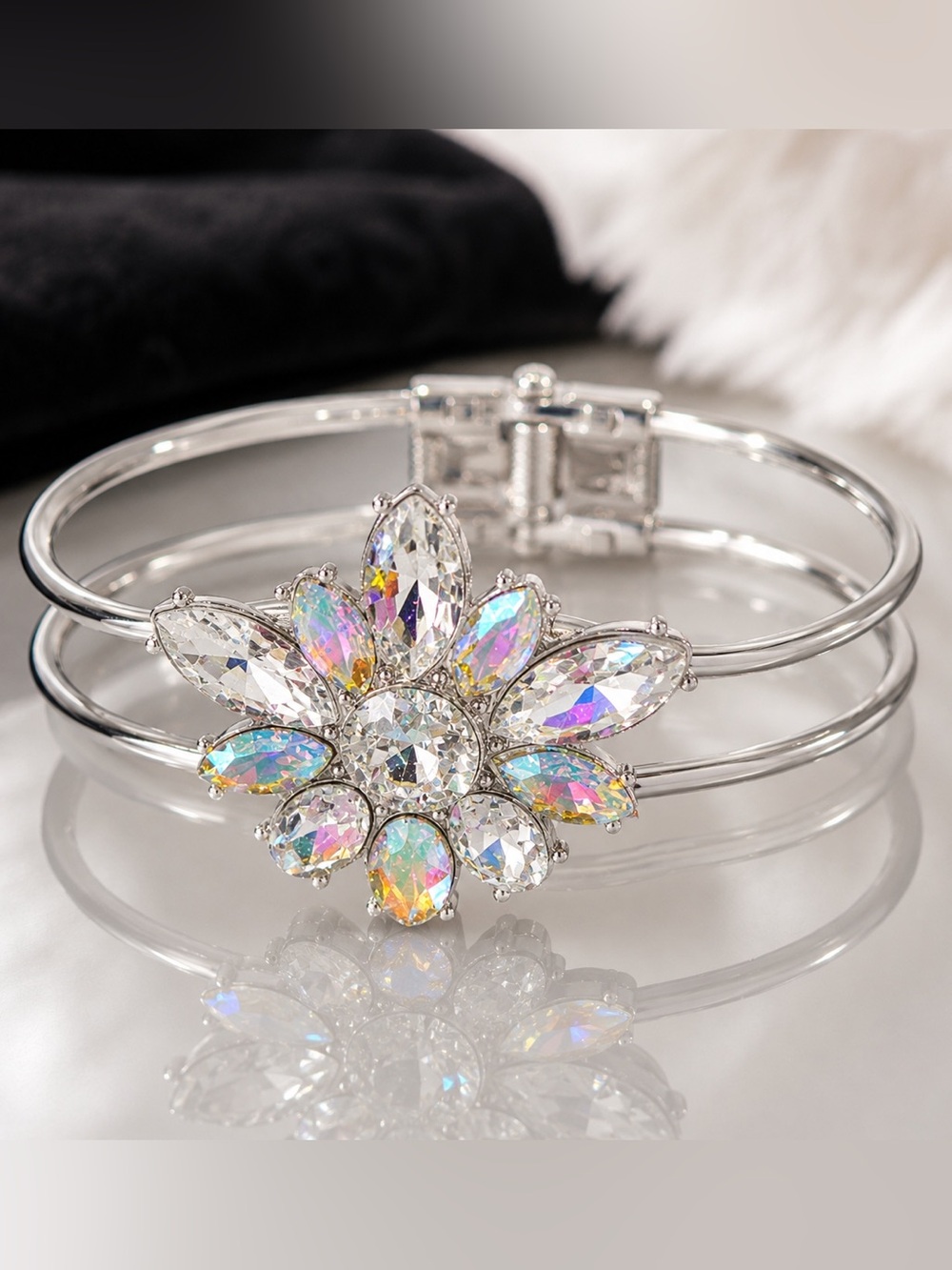 NWT | PAPARAZZI Chic Corsage Iridescent Rhinestone Silver-tone Cuff Bracelet